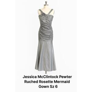 Vintage Jessica McClintock Pewter Silver Rosette Ruched Metallic Mermaid Gown  6